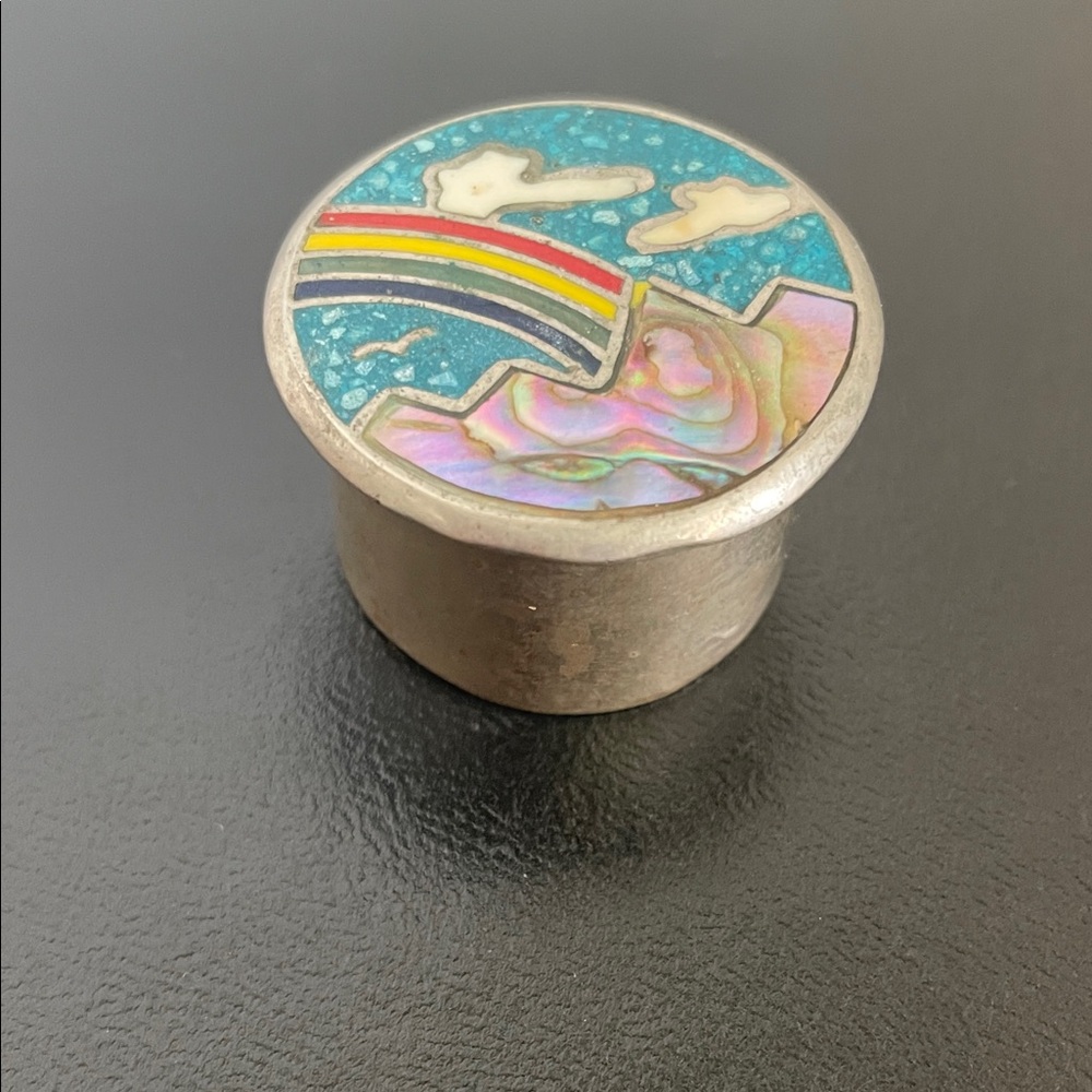 Silver tone cup with lid attached with Abalone& Turquoise  Rainbow Design